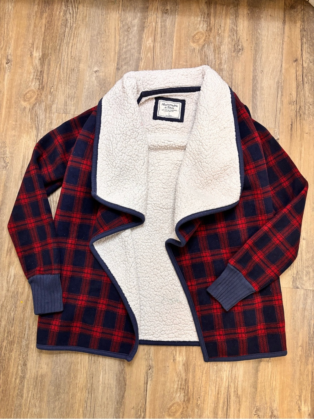 Abercrombie & Fitch Red and Navy Plaid Sherpa-Lined Open Cardigan